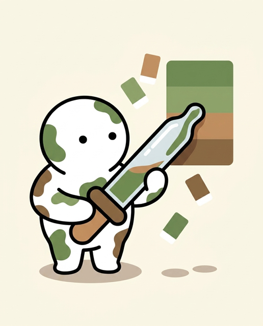 The camo character sampling paint colour with an eyedropper