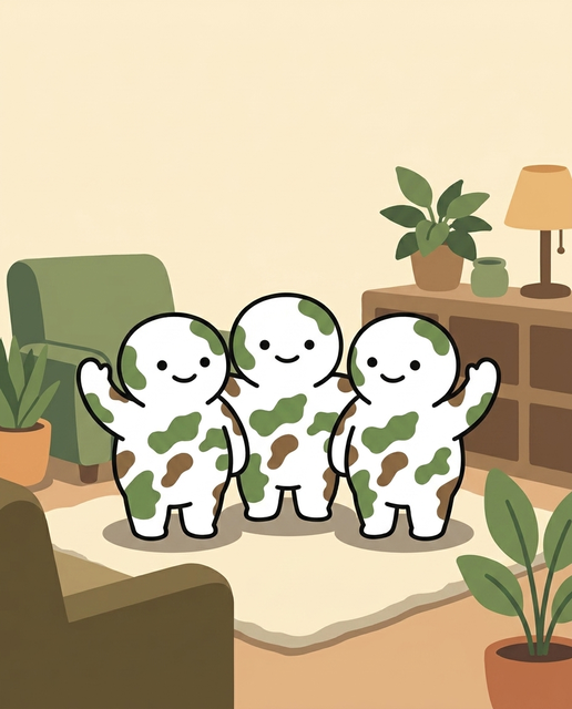 Three camo characters meeting up in a cozy room